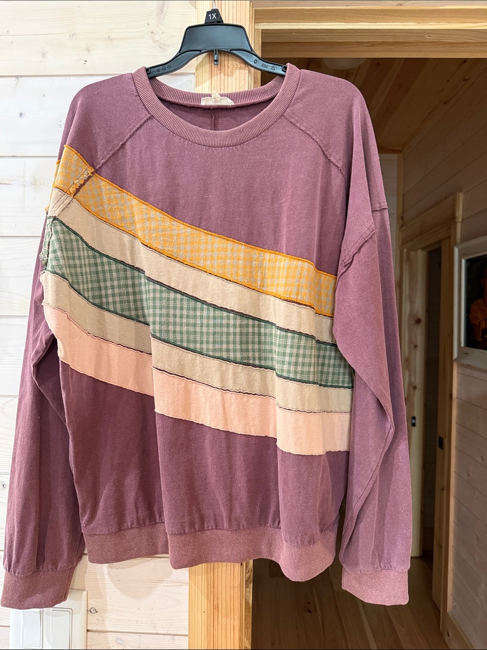easel Mauve Crewneck Pullover with Yellow, Green and Peach Patch Stripes